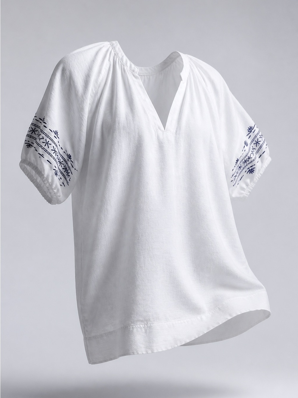Westbound White V-Neck Tunic with Black Sleeve Embroidery #157
